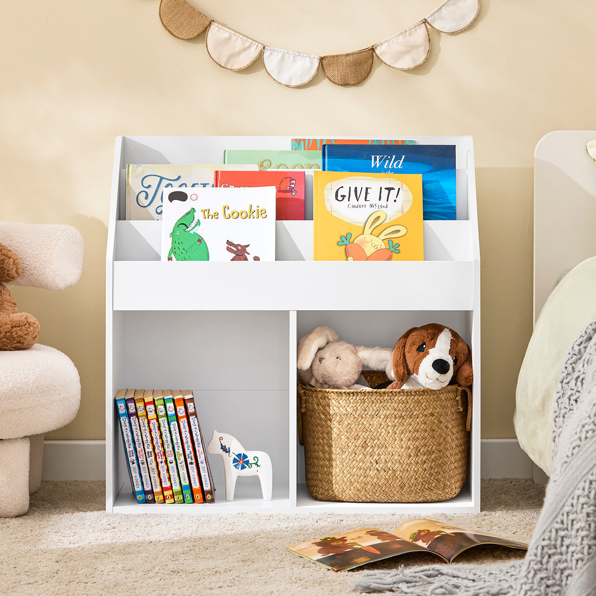 SoBuy KMB01-II-W Biblioteca pentru copii, Raft pentru jucării pentru copii cu 3 rafturi și 2 compartimente deschise, Unitate de depozitare jucării, Raft pentru cărți, Suport pentru reviste, Alb 68x30x68 cm