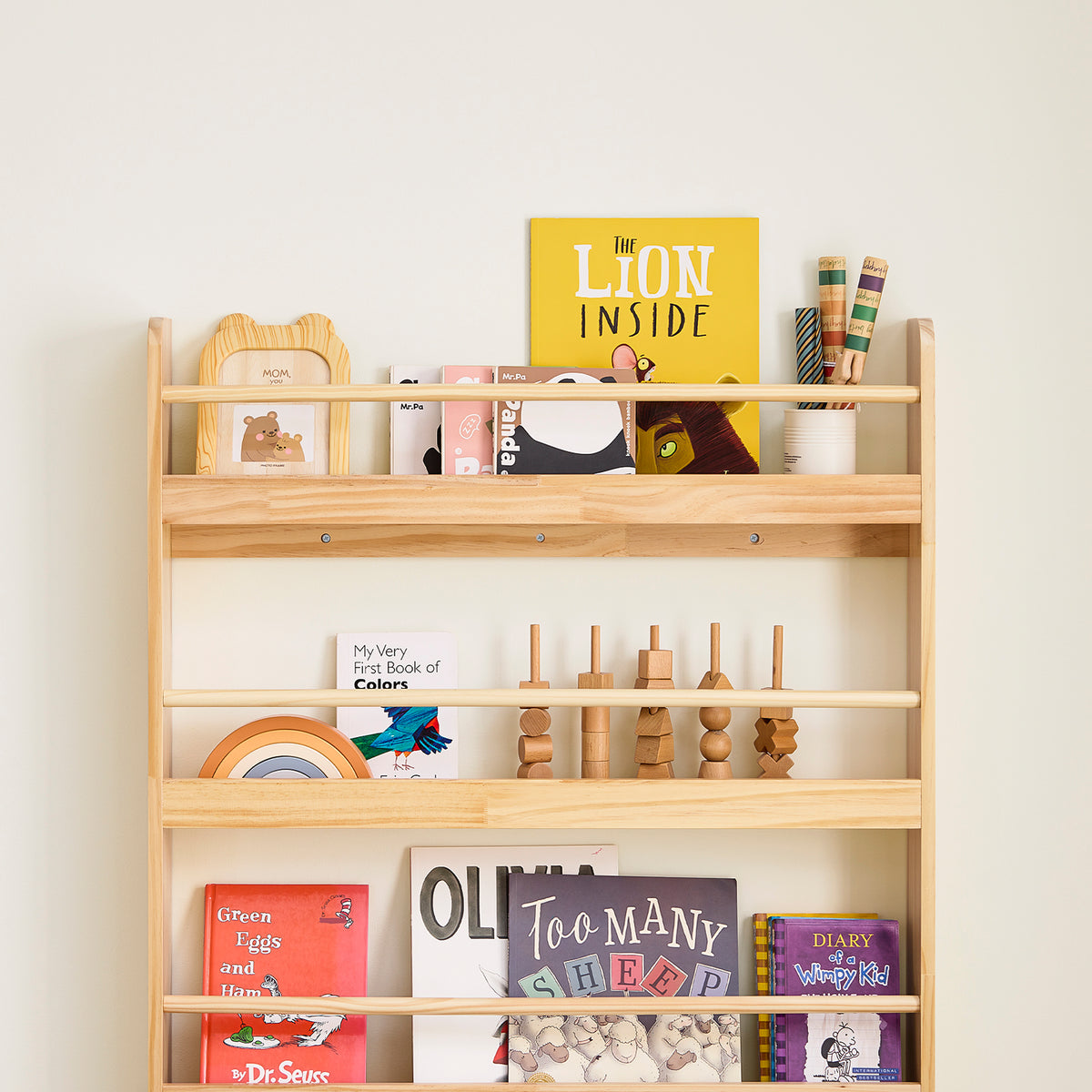 SoBuy KMB08-N Bibliotecă pentru copii Raft de cărți pentru copii 4 niveluri Dulap de depozitare jucării Bibliotecă Mobilier de depozitare Raft cameră Natural 80x12x118cm
