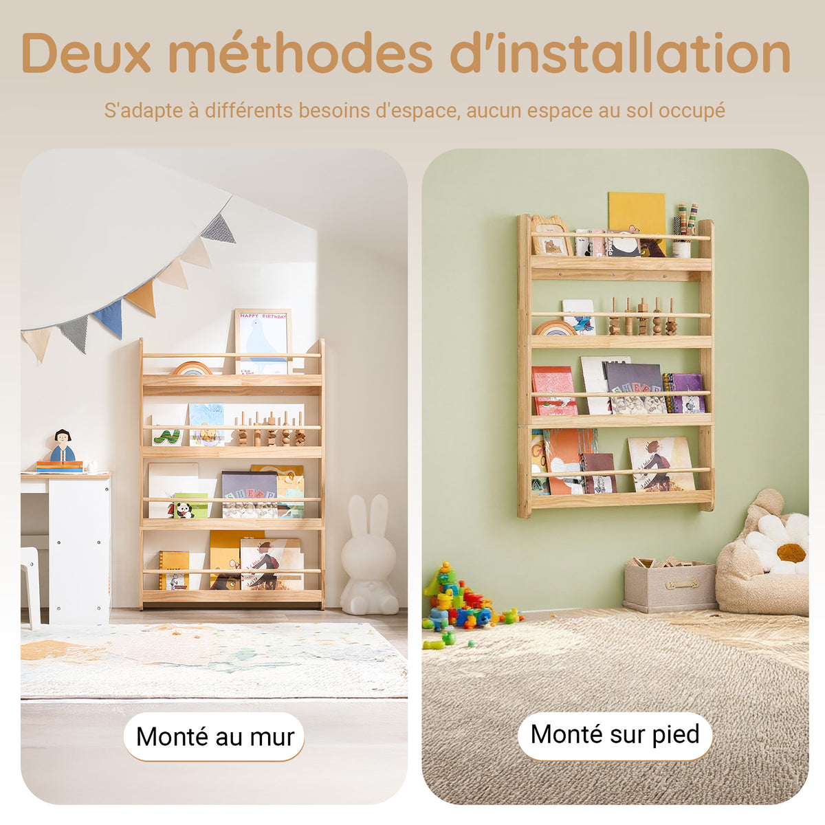 SoBuy KMB08-N Bibliotecă pentru copii Raft de cărți pentru copii 4 niveluri Dulap de depozitare jucării Bibliotecă Mobilier de depozitare Raft cameră Natural 80x12x118cm
