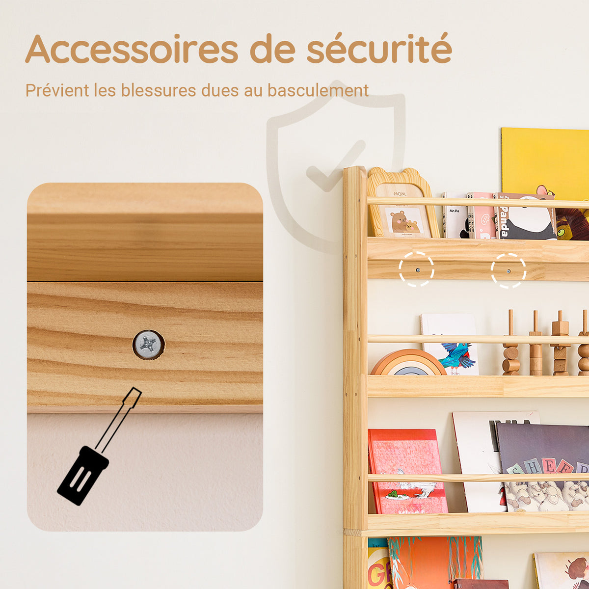 SoBuy KMB08-N Bibliotecă pentru copii Raft de cărți pentru copii 4 niveluri Dulap de depozitare jucării Bibliotecă Mobilier de depozitare Raft cameră Natural 80x12x118cm