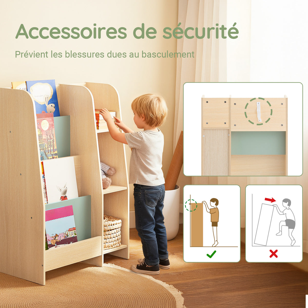 SoBuy KMB114-GR Bibliothèque Enfant avec 4 Étagères et 3 Compartiments, pour Chambre d’Enfant, Rangement Optimisé, Design Fonctionnel – L63×P30×H90 cm, Vert