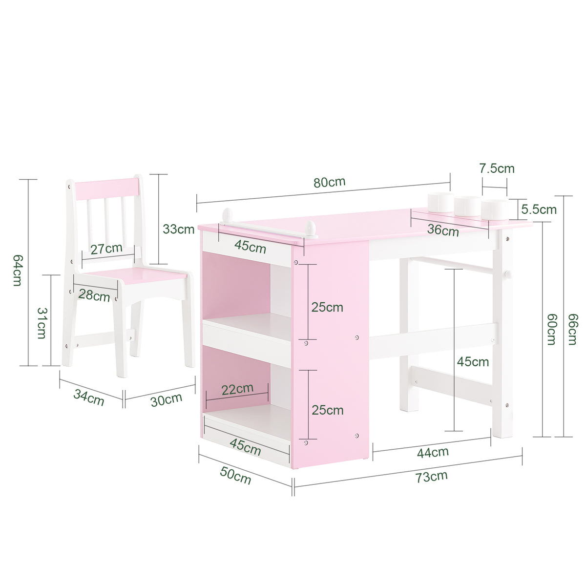 SoBuy KMB116-P Set de Masă și Scaun pentru Copii, Set din 2 Piese cu Autocolante DIY, Birou pentru Copii cu 3 Suporturi pentru Creioane, Roz și Alb