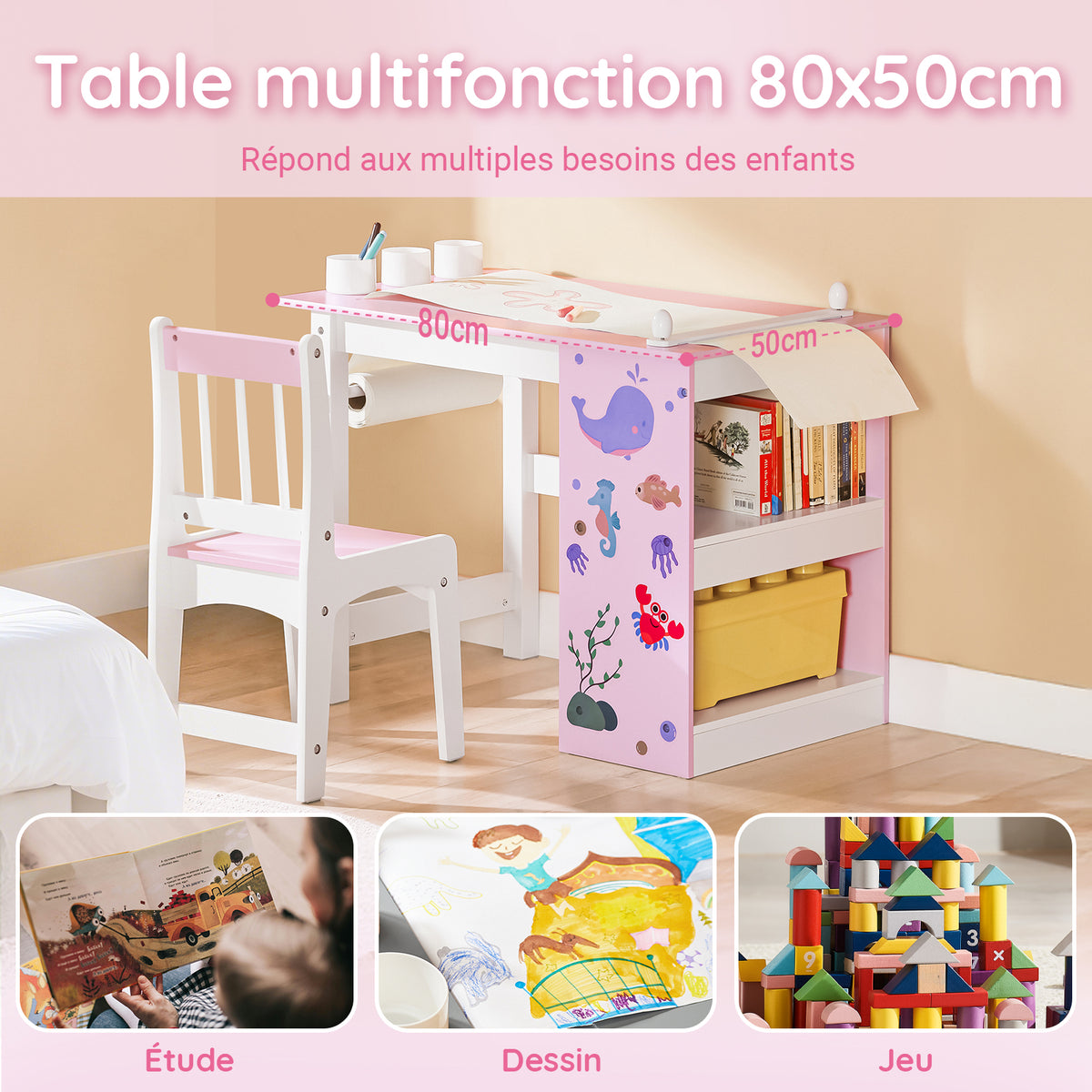SoBuy KMB116-P Set de Masă și Scaun pentru Copii, Set din 2 Piese cu Autocolante DIY, Birou pentru Copii cu 3 Suporturi pentru Creioane, Roz și Alb