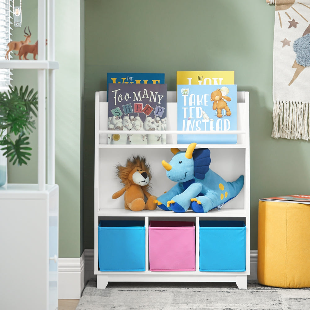 SoBuy KMB34-F Bibliotecă Raft pentru Cărți Raft de Depozitare Jucării pentru Copii Suport pentru Reviste cu Compartimente de Depozitare și 3 Coșuri 63x28x80 cm