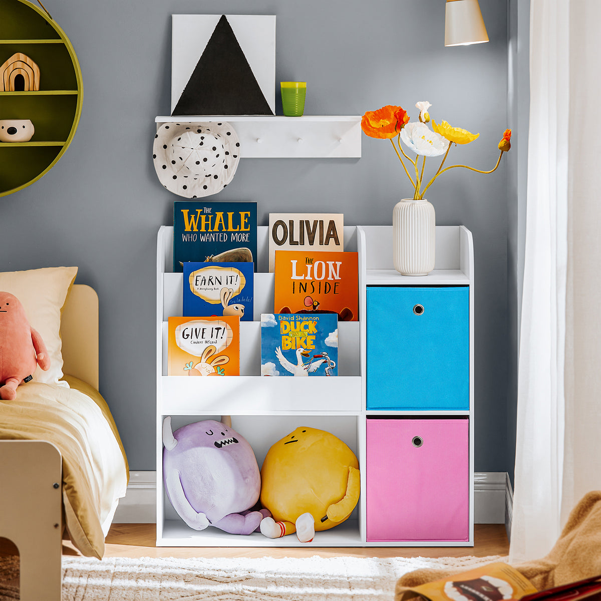 SoBuy KMB37-F Raft de depozitare pentru cărți și jucării, Bibliotecă, Mobilier de depozitare multifuncțional cu 2 coșuri