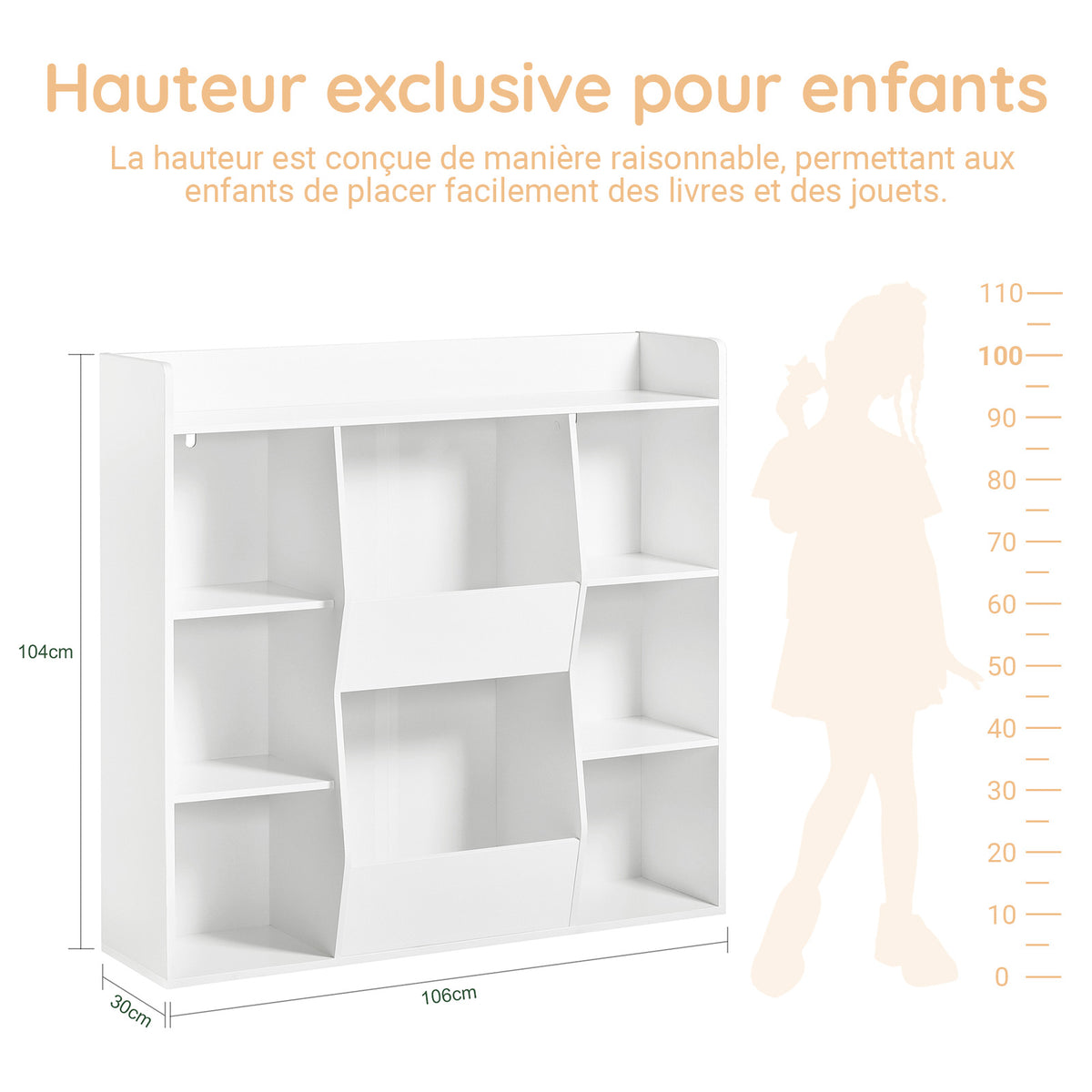 SoBuy KMB55-W Bibliotecă Montessori pentru copii – Mobilier pentru depozitarea jucăriilor și cărților cu 8 compartimente, Sigură, Alb, 106×30×104 cm