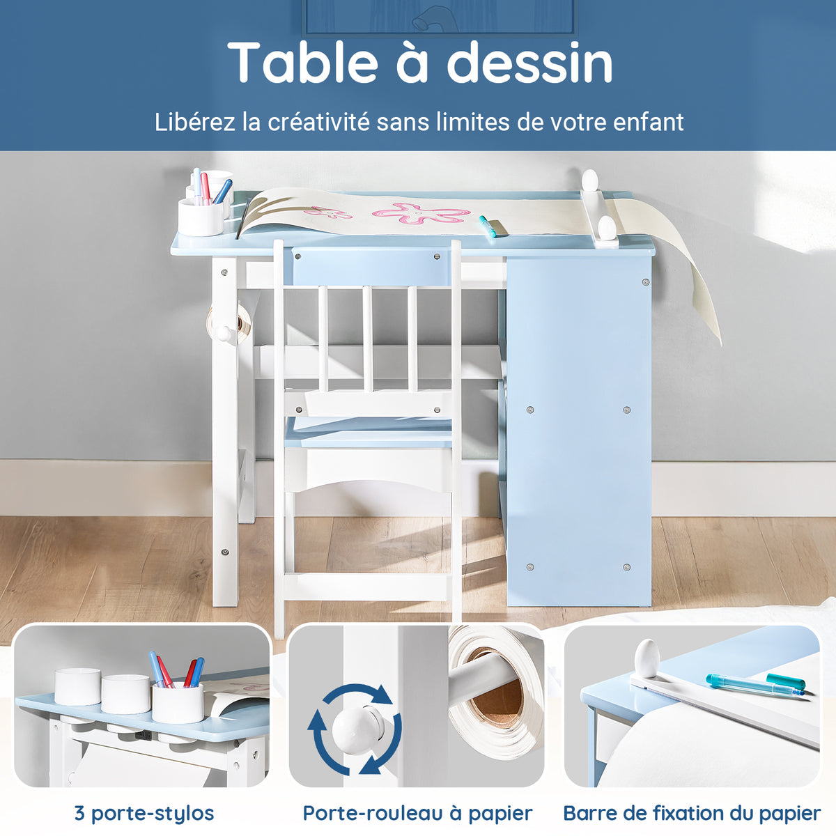 SoBuy KMB60-B Set masă și scaun pentru copii Set de 2 piese cu autocolante DIY Birou pentru copii cu 3 suporturi pentru creioane Albastru și Alb