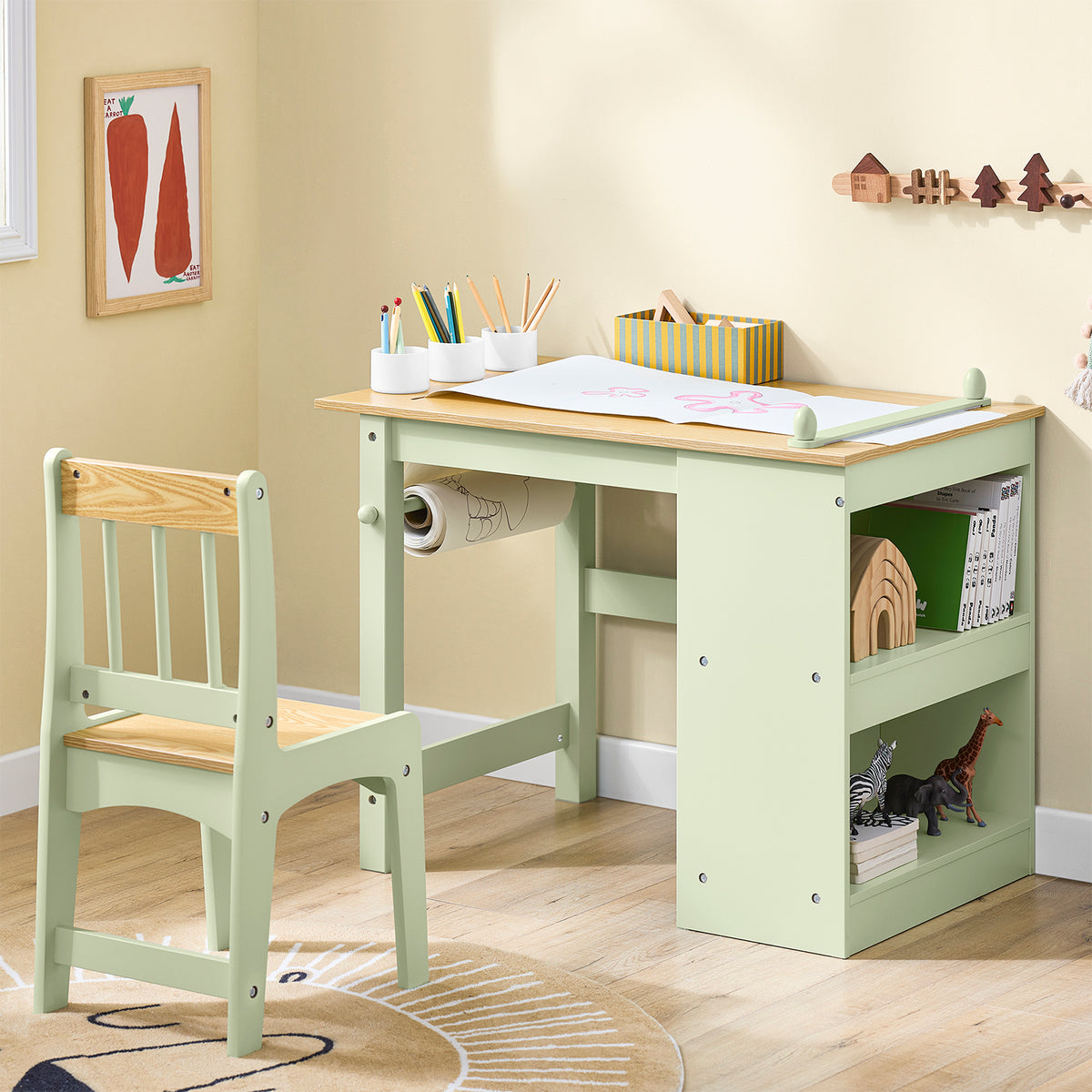 SoBuy KMB60-GR Table et Chaise Enfant avec Rangement – Bureau Enfant 2 Étagères, Porte-Papier et Rangements Stylos, Vert