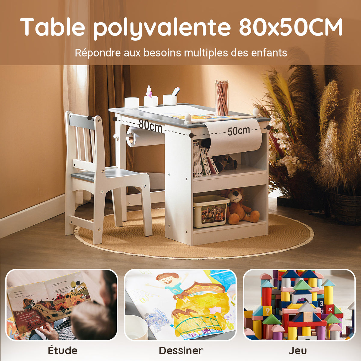 SoBuy KMB60-HG Ensemble Table et Chaise Enfant avec 1 porte-rouleau de papier, 1 sortie de papier, 1 locateur de papier et 3 emplacements pour stylos