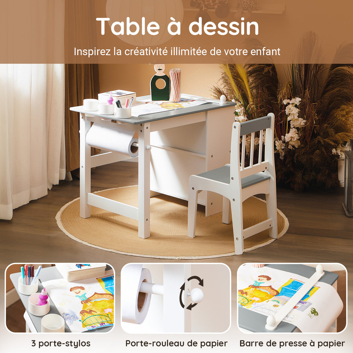 SoBuy KMB60-HG Ensemble Table et Chaise Enfant avec 1 porte-rouleau de papier, 1 sortie de papier, 1 locateur de papier et 3 emplacements pour stylos