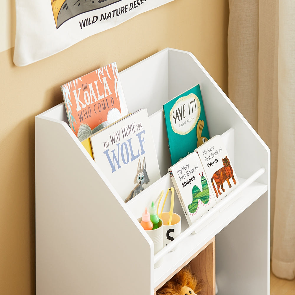 SoBuy KMB98-W Bibliothèque Enfants Étagère à Livres avec Porte Coulissante, Étagère pour Jouets