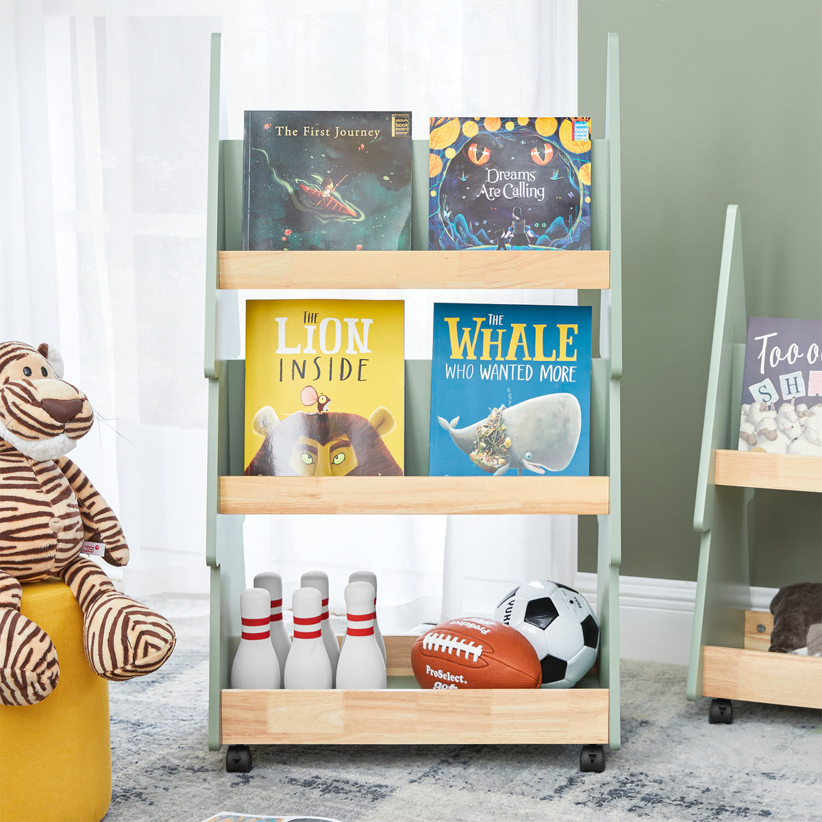 SoBuy KMB99-H-GR Bibliotecă pentru copii pe roți, Raft de cărți pentru copii, Raft pentru camera copiilor cu 5 rafturi și 4 roți