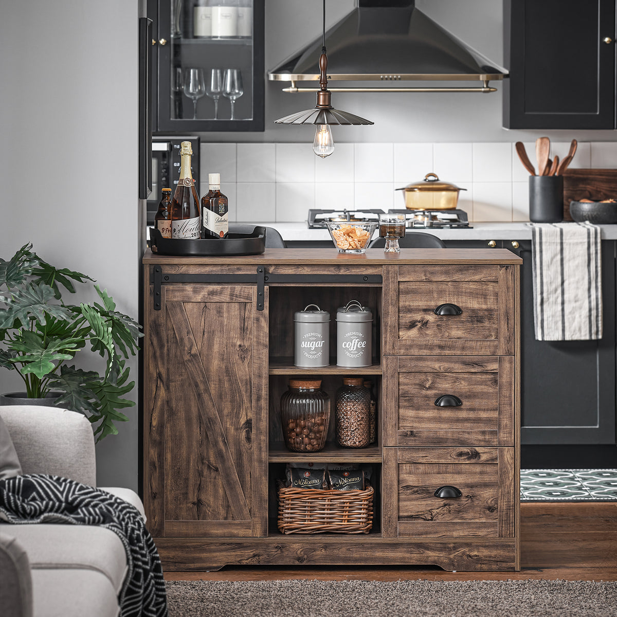 SoBuy KNL08-N îlot Central Mange-Debout Placard de Cuisine Buffet de Rangement Multi-rangements avec 1 Porte de Grange, Porte-Bouteilles, 3 Tiroirs