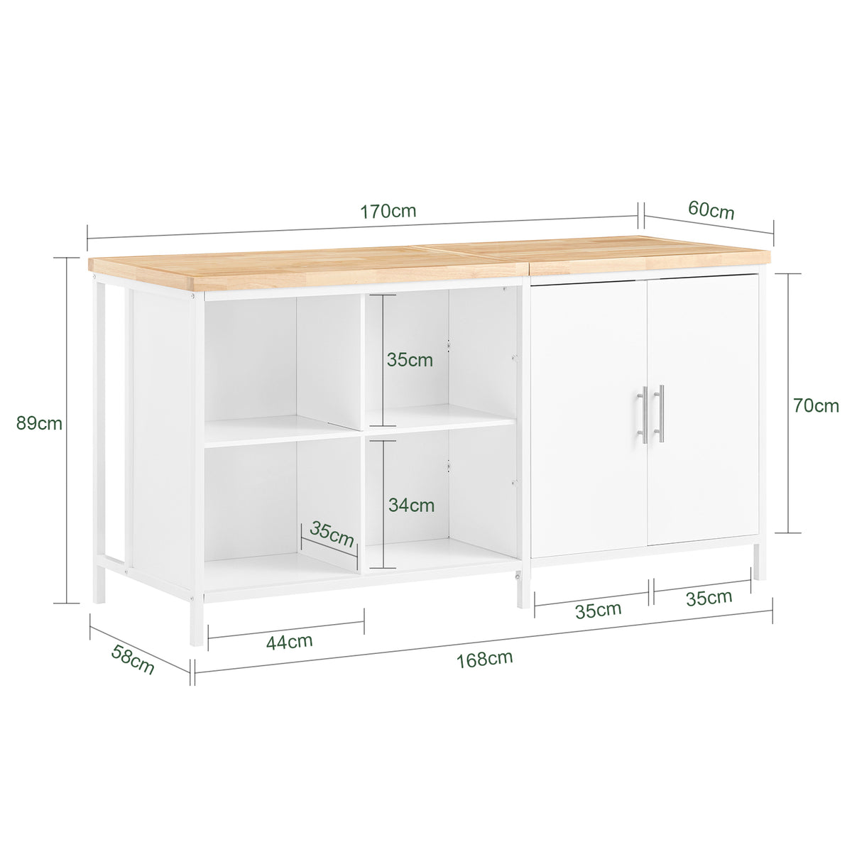 SoBuy KNL09-WN Dulap tip insulă centrală de bucătărie 3-în-1, bufet pentru sufragerie cu 4 compartimente deschise și dulap, mobilă de bucătărie 170x60x89 cm Alb