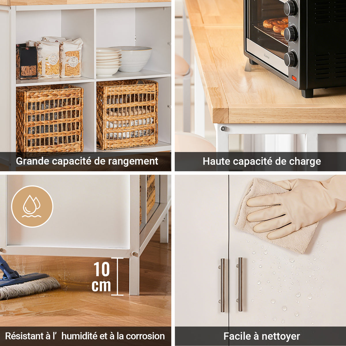 SoBuy KNL09-WN Dulap tip insulă centrală de bucătărie 3-în-1, bufet pentru sufragerie cu 4 compartimente deschise și dulap, mobilă de bucătărie 170x60x89 cm Alb