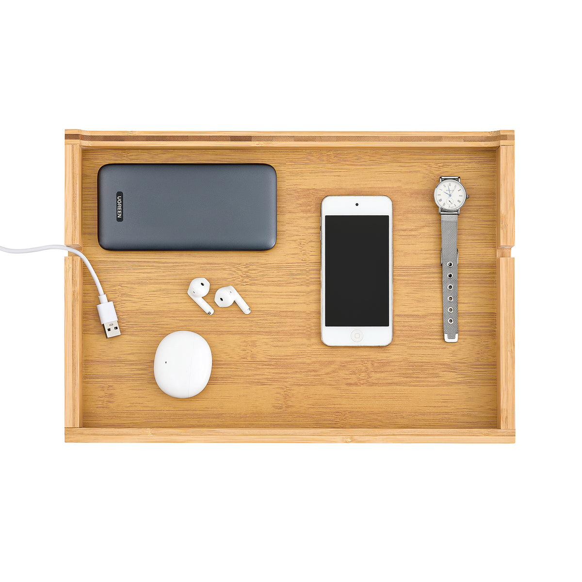 SoBuy NKD01-N Noptieră detașabilă cu crestături pentru cabluri - Tavă din bambus pentru cărți, smartphone-uri și ochelari - Potrivită pentru rame de pat de 1-3cm 36x25x9cm