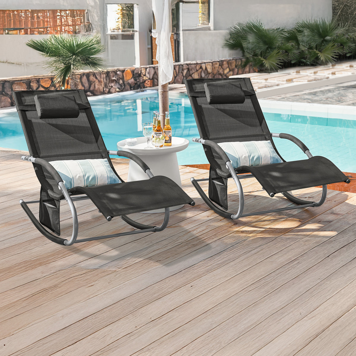 SoBuy OGS28-SCHx2 Set de 2 Șezlonguri de Grădină Balansoar cu Tetieră Reglabilă și Buzunar Lateral