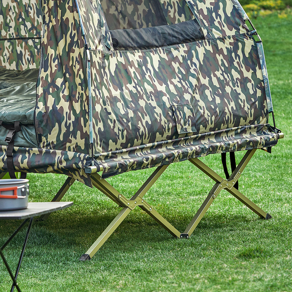 SoBuy OGS61-L-TN Cort Supraelevat, Pat de Camping Pliabil 3 în 1 cu Acoperiș Anti-UV + Saltea Gonflabilă Integrată + Geantă de Transport, 2 Persoane