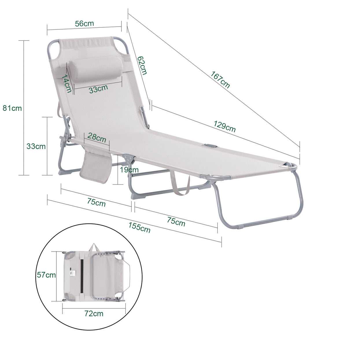 SoBuy OGS35-MIx2 Set de 2 Șezlonguri de Grădină Pliabile, cu Pernă, Șezlong Relaxant cu Buzunar Lateral, Mobilier de Grădină pentru Terasă, Plajă, Piscină, Bej 155x56x81 cm
