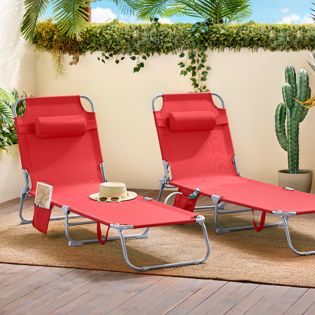 SoBuy OGS35-Rx2 Set de 2 Șezlonguri de Grădină Pliabile, Șezlong de Soare cu Pernă, Scaun Relaxant cu Buzunar Lateral, Mobilier de Grădină pentru Terasă, Plajă, Piscină, Negru 155x56x81 cm