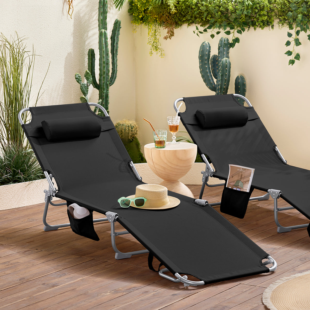 SoBuy OGS35-SCHx2 Lot de 2 Transats de Jardin Pliable avec Oreiller et Poche Latérale, Chaise Longue Relax, Design Fonctionnel – L155×P56×H81 cm, Noir