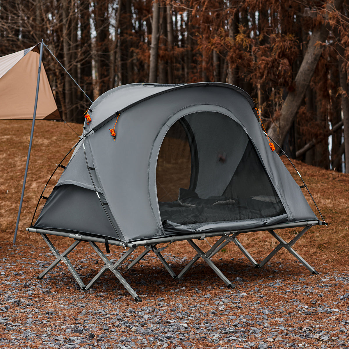 SoBuy OGS60-L-HG Pat Pliabil de Camping din Aluminiu Ușor, 3 în 1 cu Acoperiș Anti-UV + Saltea Gonflabilă Integrată + Geantă de Transport, 2 Persoane