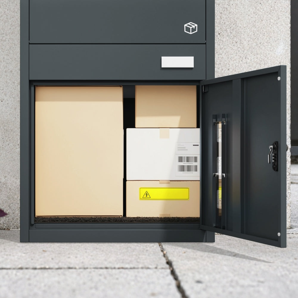 SoBuy OGS67-DG Boîte aux Lettres avec Compartiment Colis Anthracite – Boîte à Colis Extérieure Sécurisée sur Pied à 3 Portes, Acier Thermolaqué Anti-Vol – 55×41,3×112 cm, Charge 40 kg