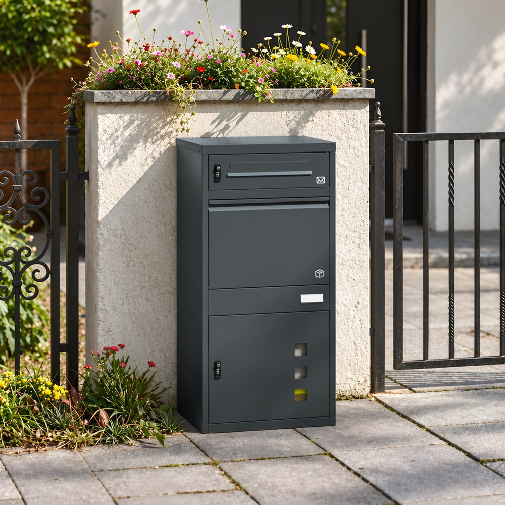 SoBuy OGS67-DG Boîte aux Lettres avec Compartiment Colis Anthracite – Boîte à Colis Extérieure Sécurisée sur Pied à 3 Portes, Acier Thermolaqué Anti-Vol – 55×41,3×112 cm, Charge 40 kg