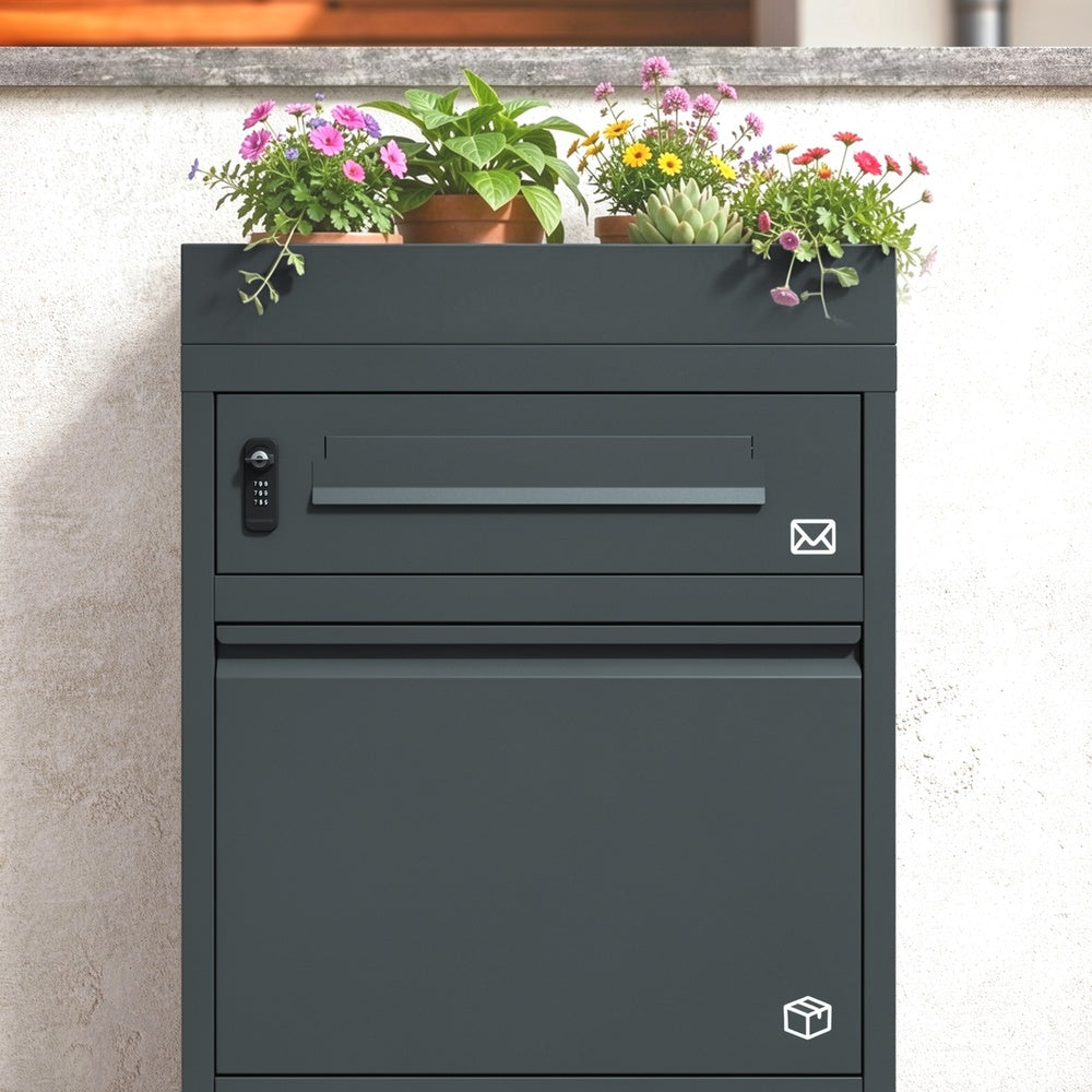 SoBuy OGS68-DG Boîte aux Lettres Colis Sécurisée XXL – Boîte à Colis Extérieure sur Pied avec Serrure à Code, Acier Gris Foncé Anthracite – 55×41,3×120 cm, Charge 40 kg