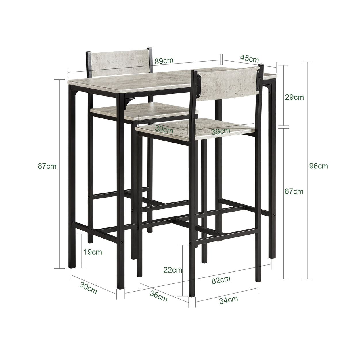 SoBuy OGT03-HG Set Masă Înaltă de Bucătărie 87 cm cu 2 Scaune de Bar – Mobilier Bar Compact Măsuță pentru Spații Mici, Balcon, Living sau Bucătărie – Stil Industrial Lemn și Metal