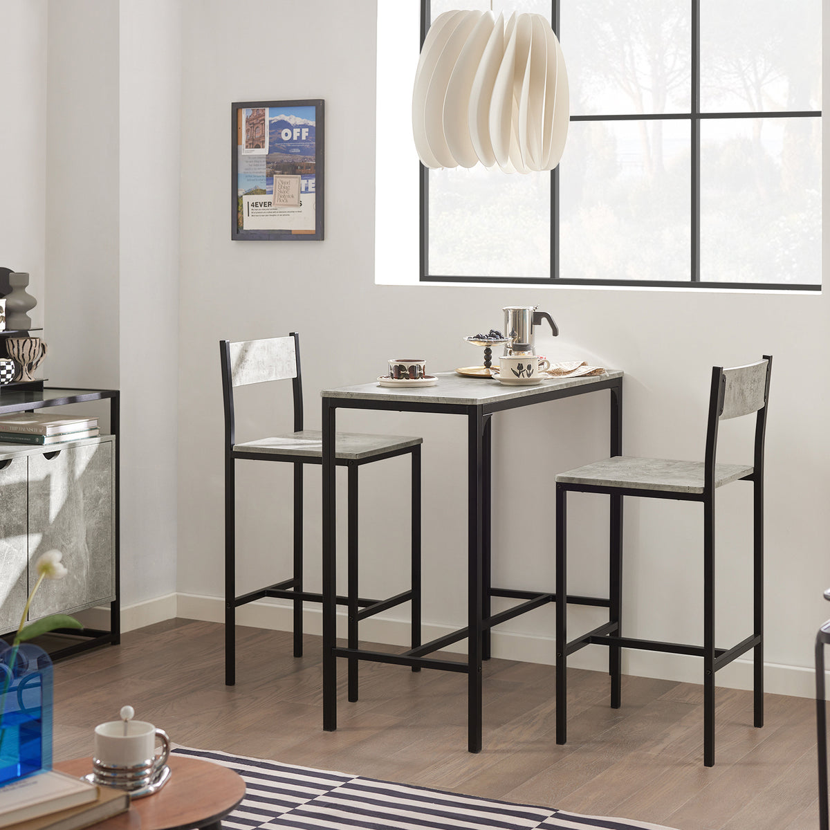 SoBuy OGT03-HG Set Masă Înaltă de Bucătărie 87 cm cu 2 Scaune de Bar – Mobilier Bar Compact Măsuță pentru Spații Mici, Balcon, Living sau Bucătărie – Stil Industrial Lemn și Metal
