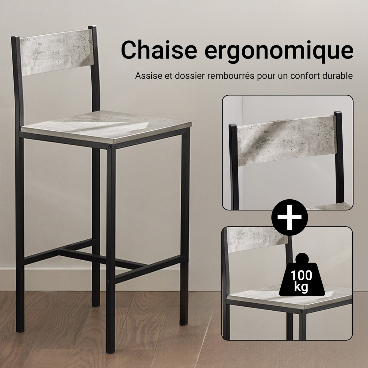 SoBuy OGT03-HG Set Masă Înaltă de Bucătărie 87 cm cu 2 Scaune de Bar – Mobilier Bar Compact Măsuță pentru Spații Mici, Balcon, Living sau Bucătărie – Stil Industrial Lemn și Metal