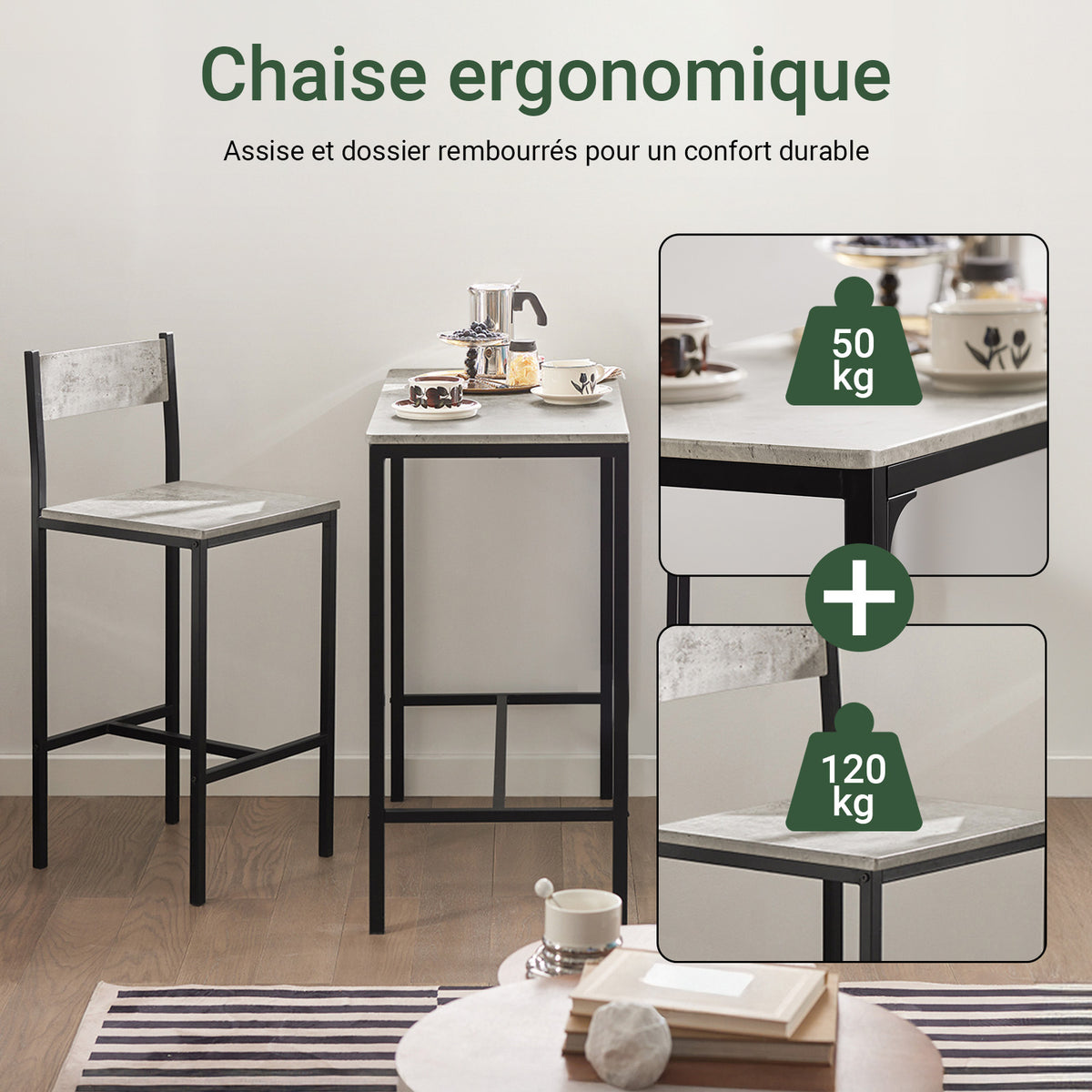SoBuy OGT03-HG Set Masă Înaltă de Bucătărie 87 cm cu 2 Scaune de Bar – Mobilier Bar Compact Măsuță pentru Spații Mici, Balcon, Living sau Bucătărie – Stil Industrial Lemn și Metal