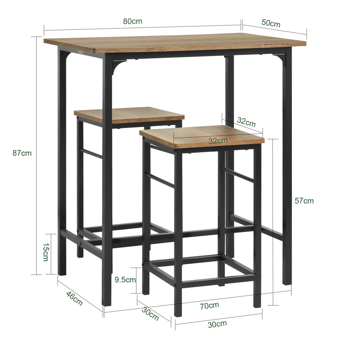 SoBuy OGT10-PF Set masă și 2 Scaune de Bar Set masă de Bar Bistro + 2 Scaune de Bar cu Suport pentru Picioare Masă Înaltă Bucătărie
