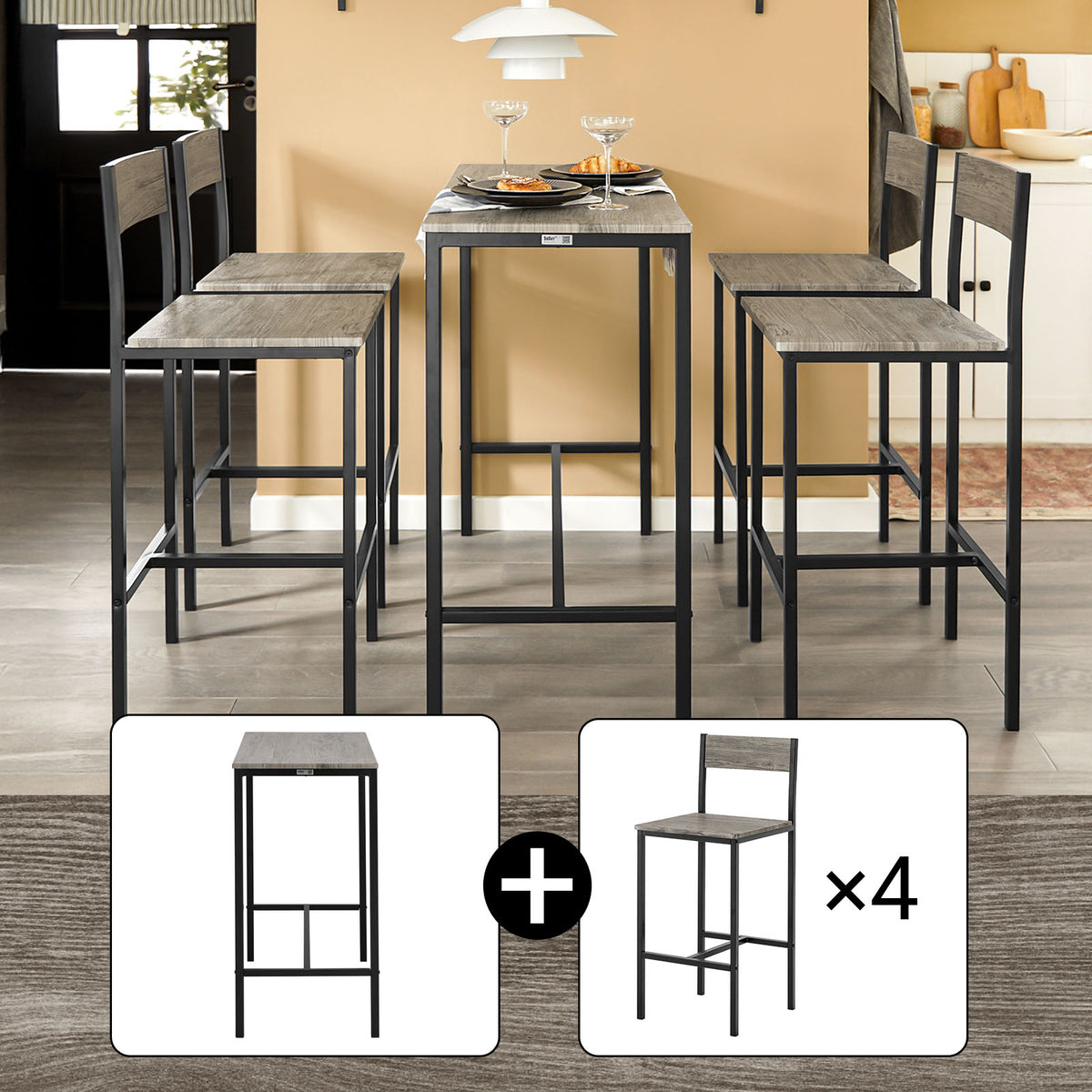 SoBuy OGT14-N Set 1 Masă + 4 Scaune, Set Masă de Bar Bistro + 4 Scaune, Masă Înaltă, Masă Înaltă de Bucătărie, pentru Sufragerie, Bucătărie, Living, Balcon, Natur