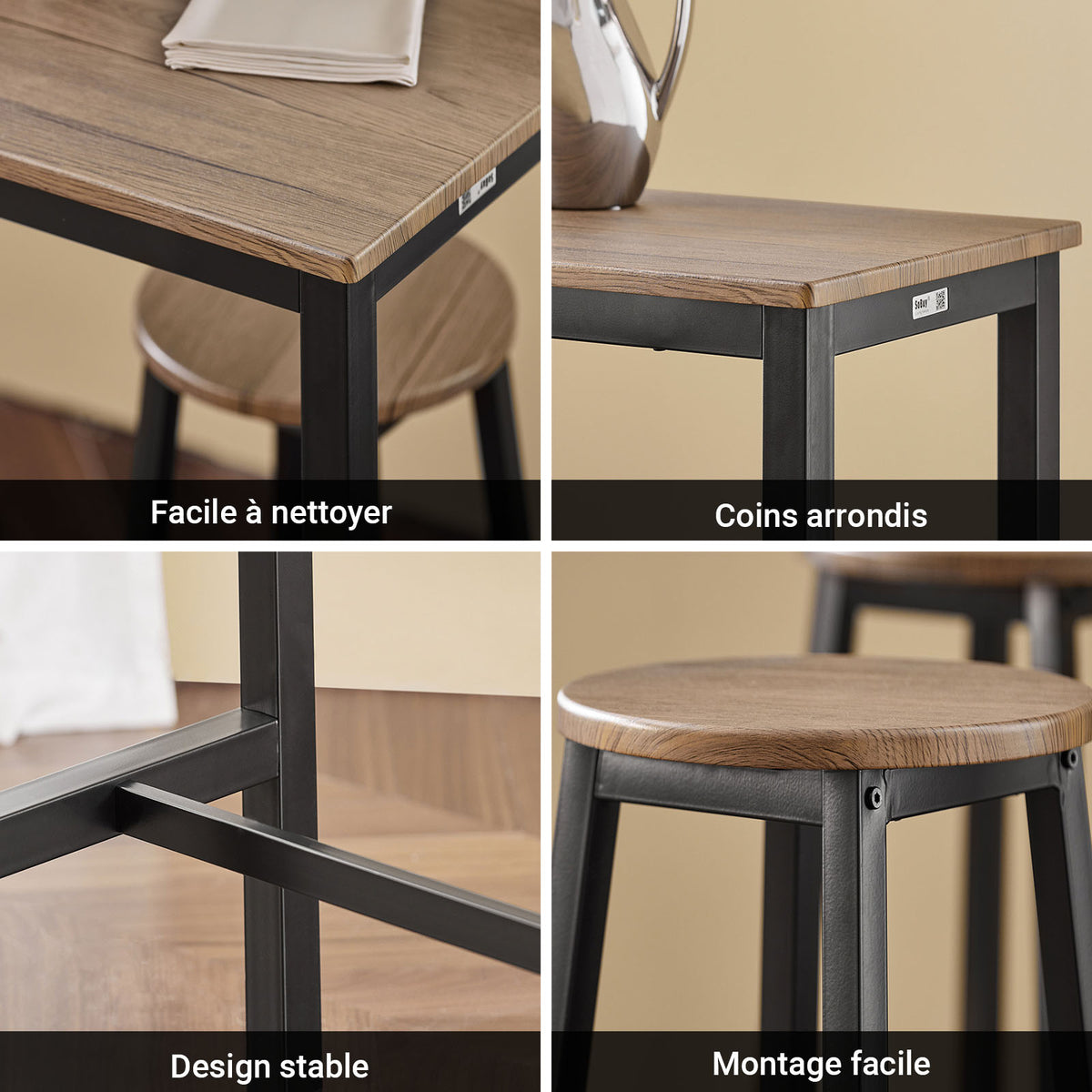 SoBuy OGT22-SCH Set Masă + 4 Scaune de Bar cu Suport pentru Picioare - Set Masă Înaltă de Bucătărie Mange-Debout (Negru)