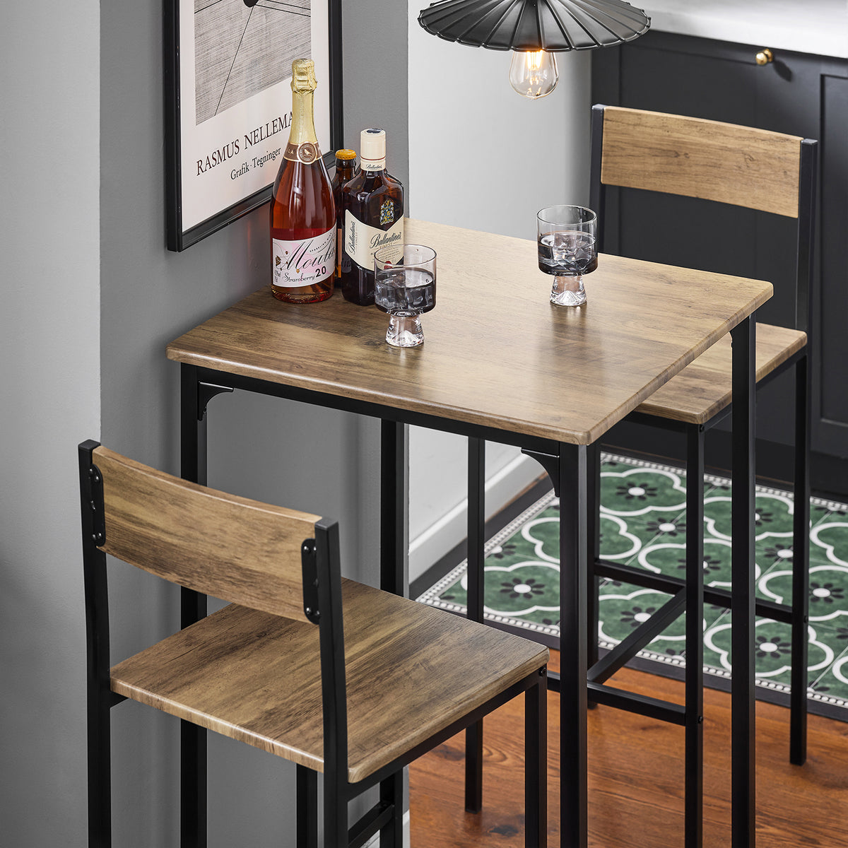 SoBuy OGT27-N Set Masă Înaltă de Bucătărie cu 2 Scaune, Masă de Bar Înaltă, Masă de Bucătărie cu Scaun, Masă Bar Bucătărie, Masă Înaltă Exterior, MDF și Metal, Lemn