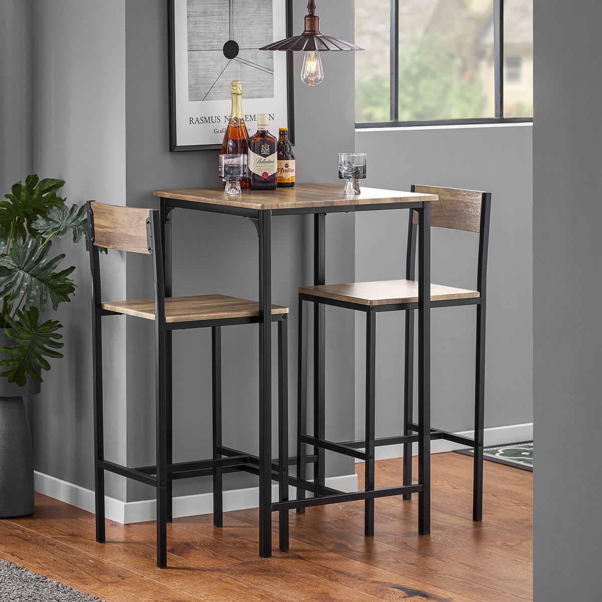SoBuy OGT27-N Ensemble Table Haute avec 1 Table et 2 Tabourets, Format Gain de Place, pour Cuisine et Salle à Manger, Design Fonctionnel – MDF + Métal, Naturel