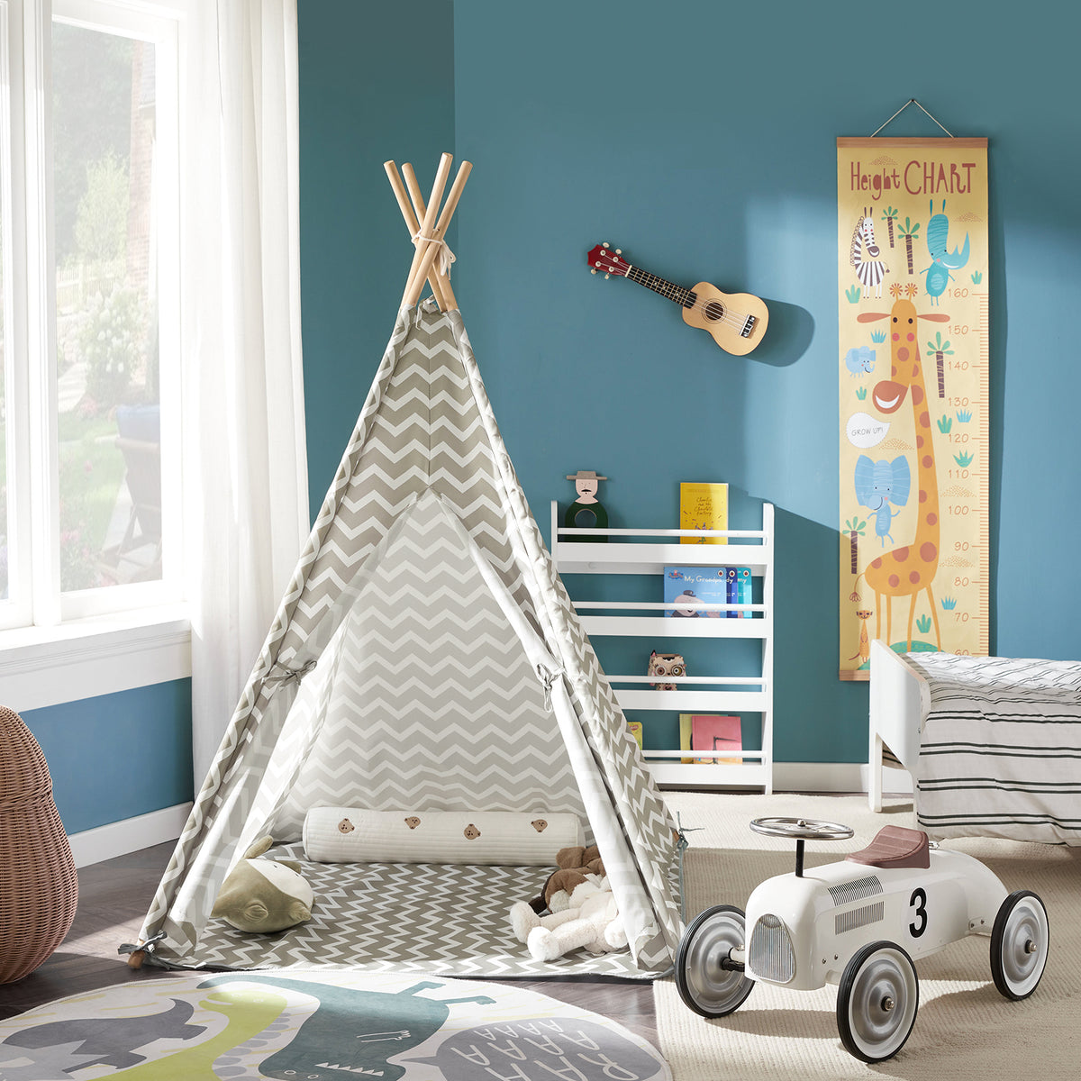 SoBuy OSS03 Tipi pentru Copii Cort pentru Copii cu Covoraș de Podea Tipi Indian Cort de Joacă pentru Copii cu Covoraș de Podea 1 Ușă 1 Fereastră Căsuță de Joacă