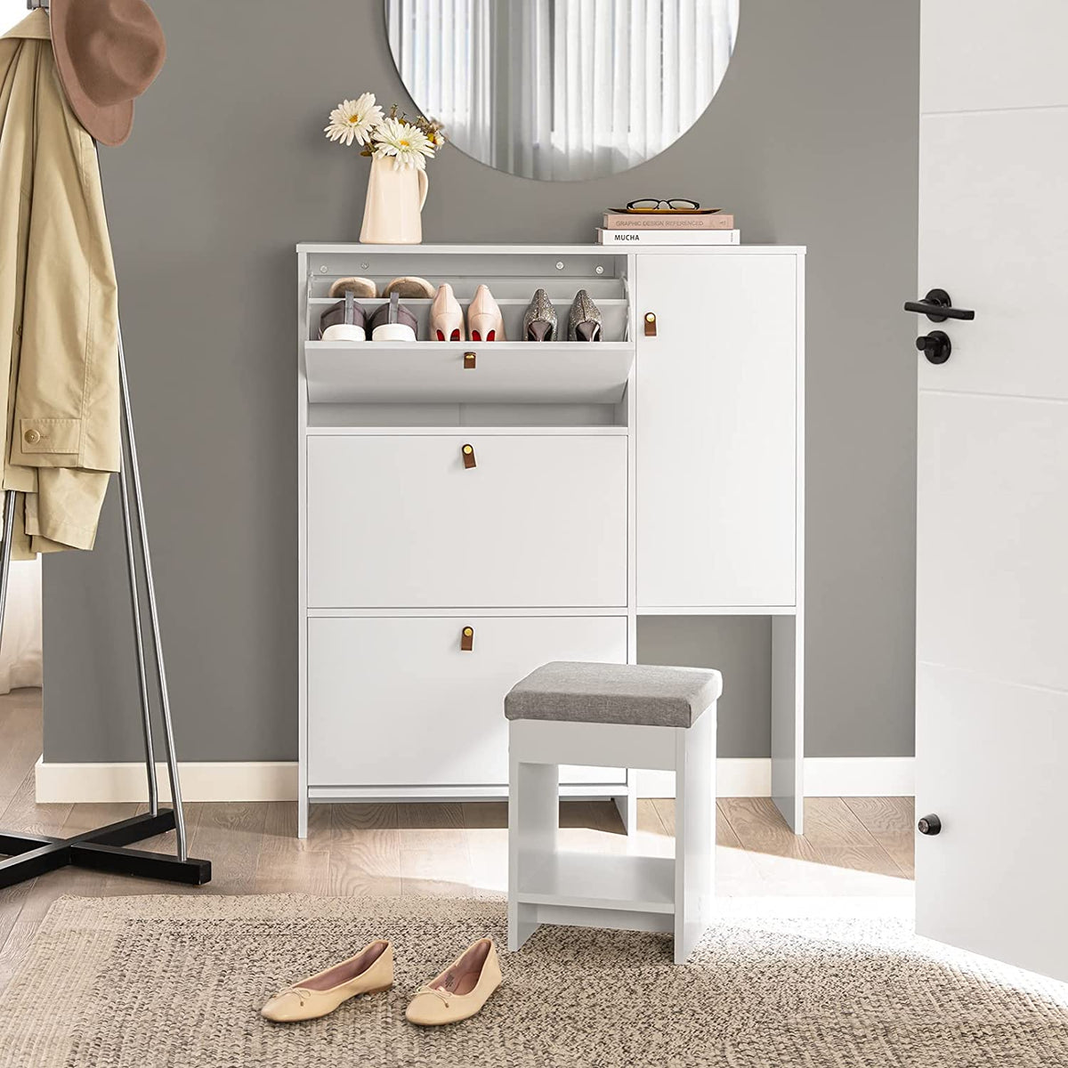 SoBuy FSR107-W Dulap de Pantofi cu Taburet, 1 Ușă și 3 Sertare Rabataile, Mobilier de Intrare – 95x30x121 cm, Alb