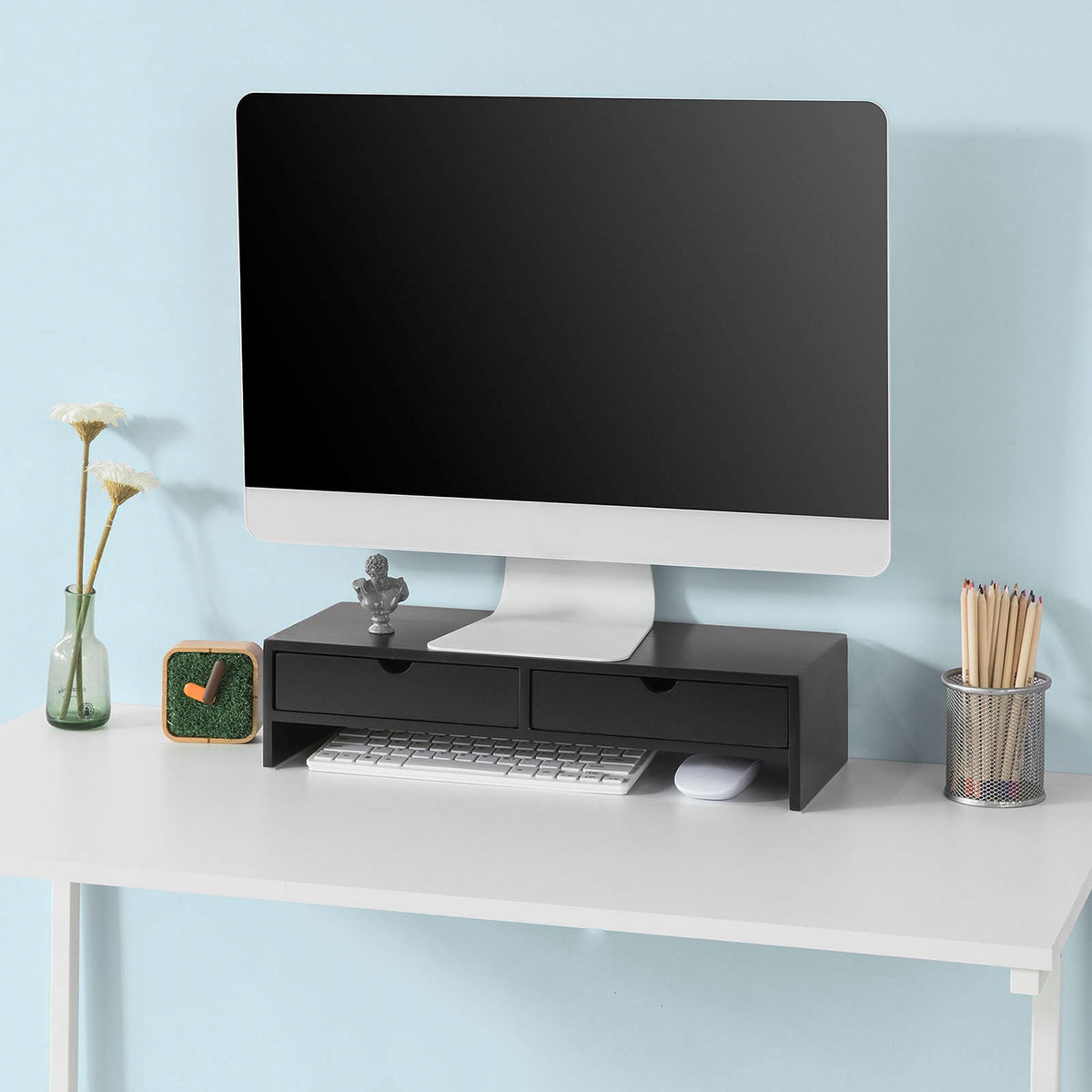 SoBuy BBF02-SCH Suport Monitor PC, Raft de Ridicare Monitor PC cu 2 Sertare și Spațiu de Depozitare, Suport Universal pentru Laptop sau Monitor, Negru, 47x18x11cm