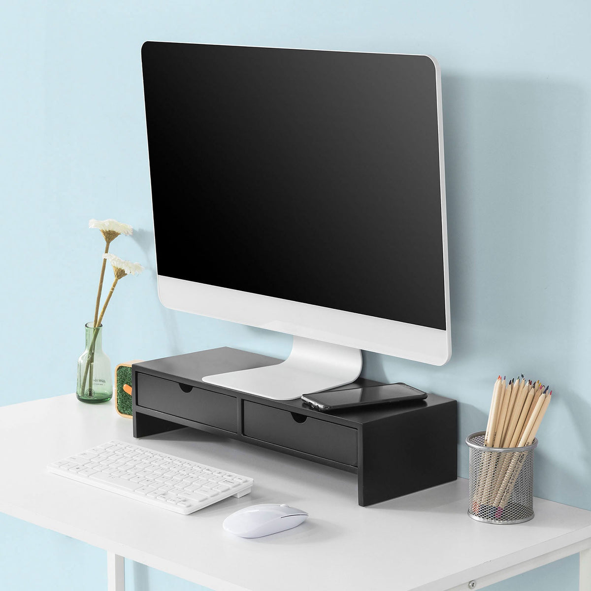 SoBuy BBF02-SCH Suport Monitor PC, Raft de Ridicare Monitor PC cu 2 Sertare și Spațiu de Depozitare, Suport Universal pentru Laptop sau Monitor, Negru, 47x18x11cm