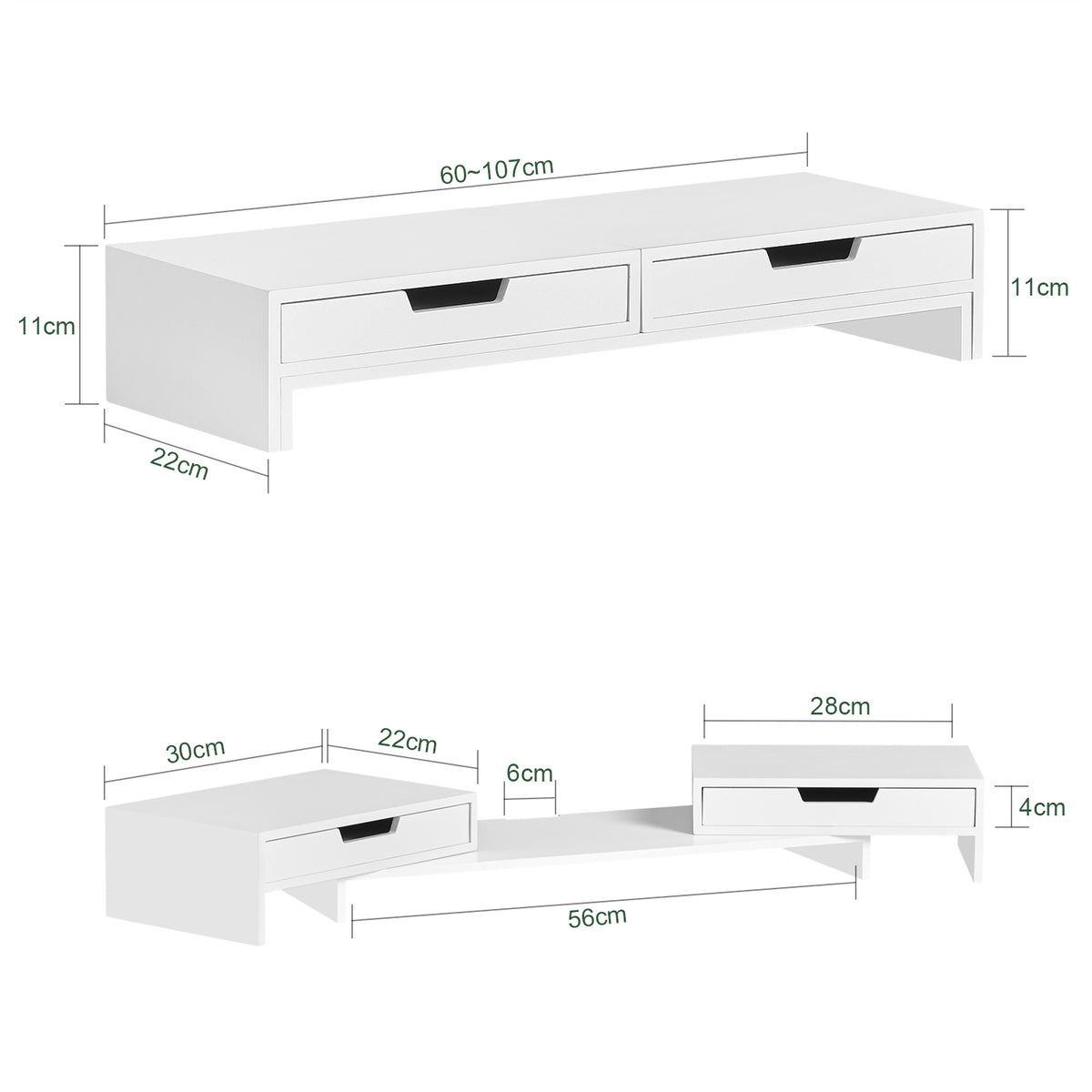 SoBuy BBF04-W Înălțător Suport pentru Monitor PC cu 2 Sertare Suport Monitor Laptop Înălțător Computer Suport Monitor Reglabil Alb 60–107x22x11cm