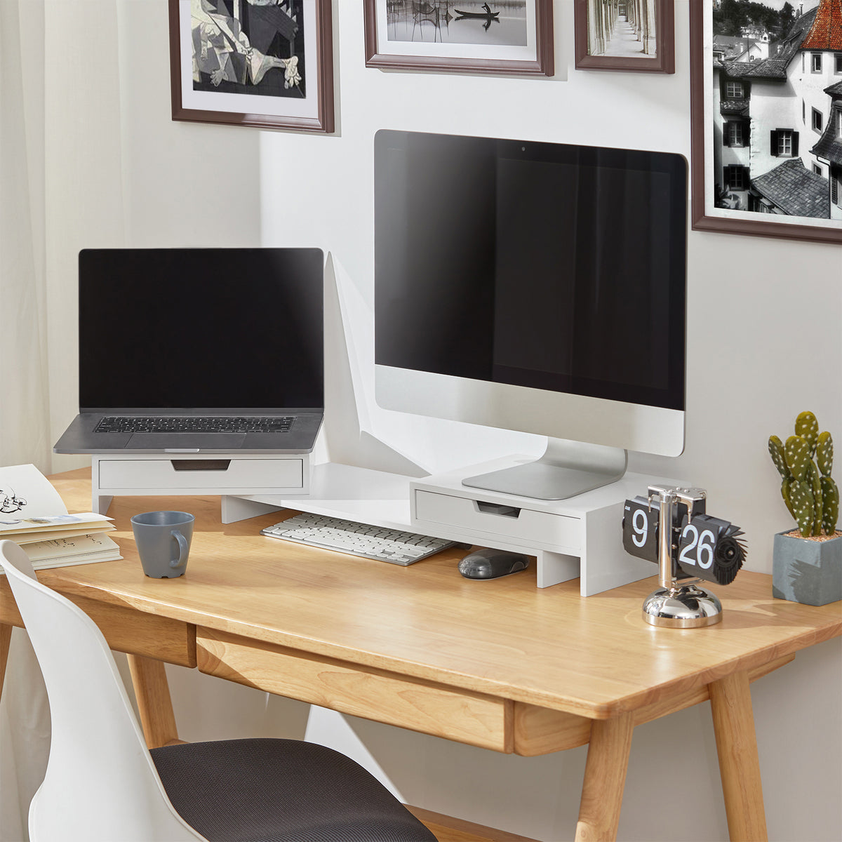 SoBuy BBF04-W Înălțător Suport pentru Monitor PC cu 2 Sertare Suport Monitor Laptop Înălțător Computer Suport Monitor Reglabil Alb 60–107x22x11cm