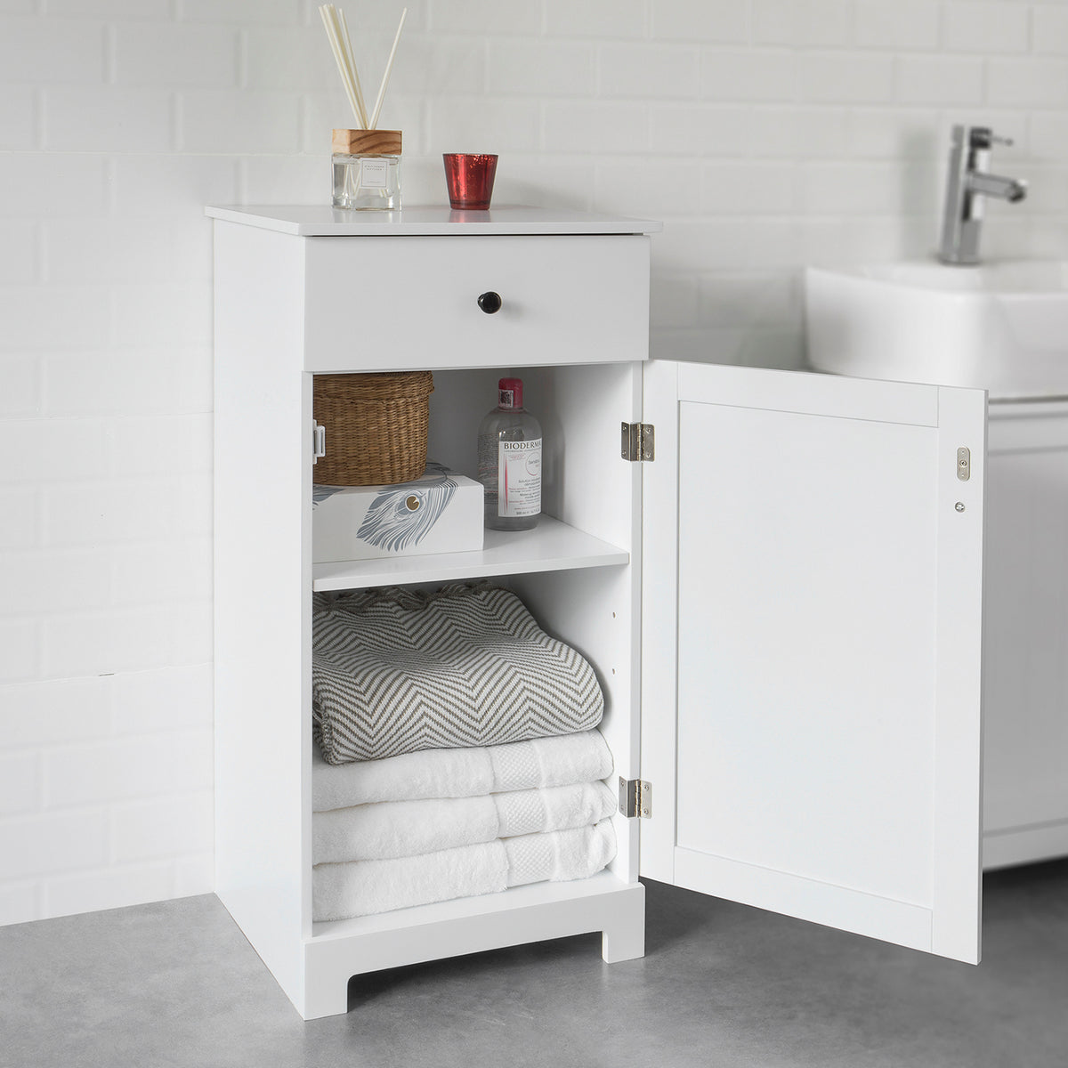 SoBuy BZR20-W Meuble Bas de Salle de Bain Armoire Toilette avec 1 tiroir et 1 Porte