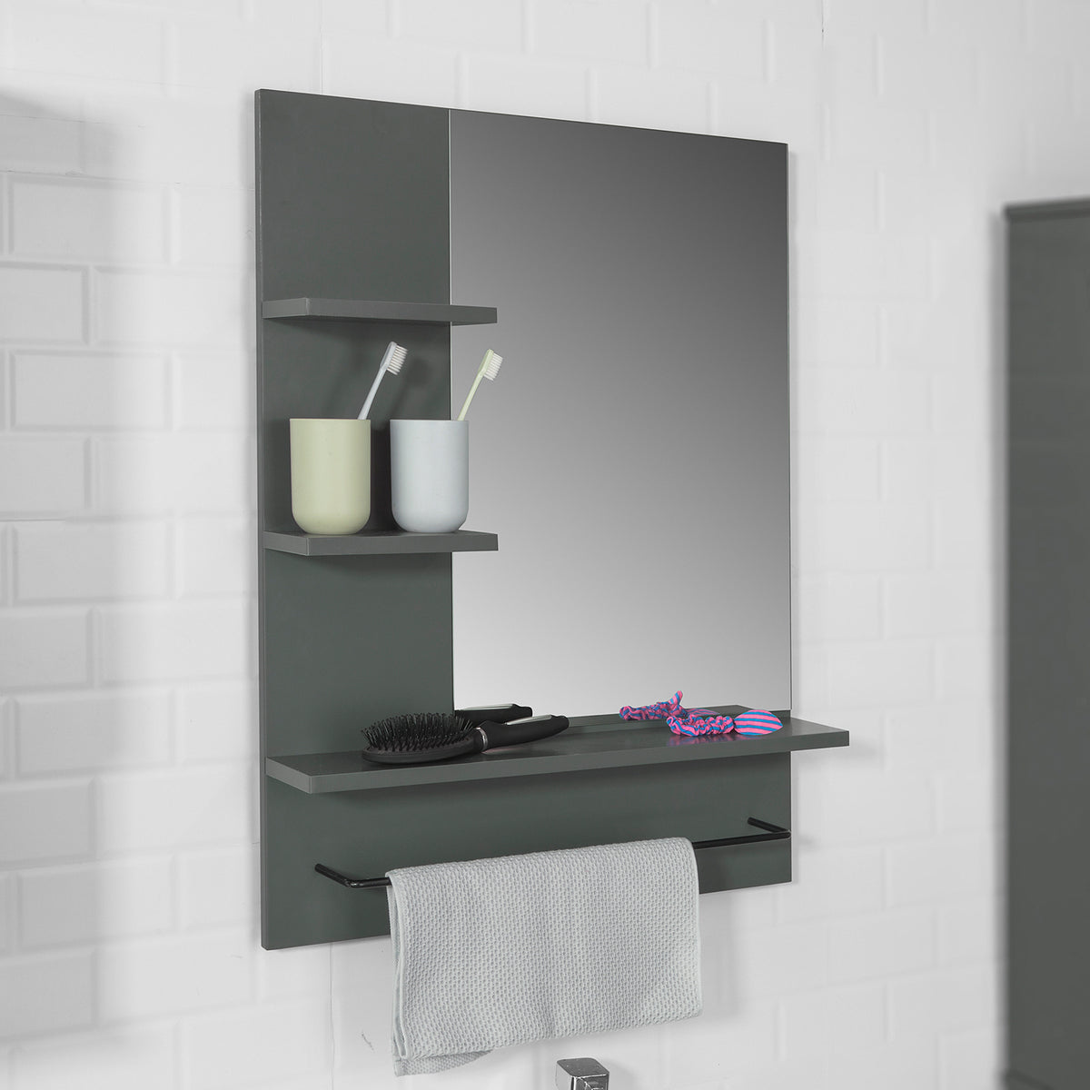SoBuy BZR23-DG Miroir avec Porte-Serviettes Miroir Mural Miroir de Salle de Bain avec étagères