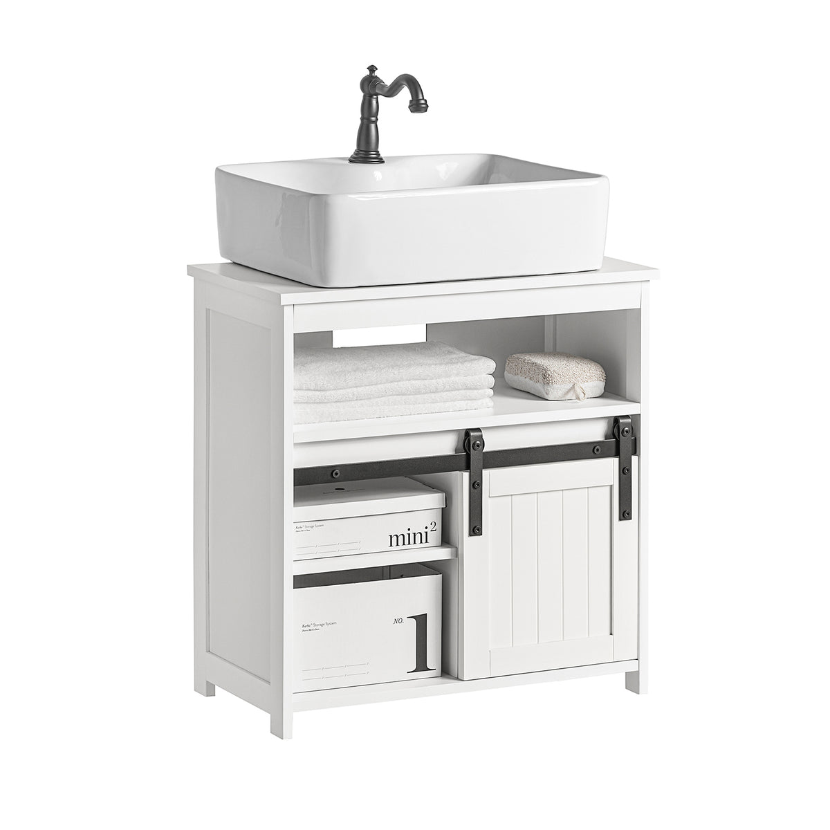 SoBuy BZR61-W Meuble sous Lavabo, Meuble de Salle de Bain, Placard de Rangement, Armoire Salle de Bain et Porte de Grange