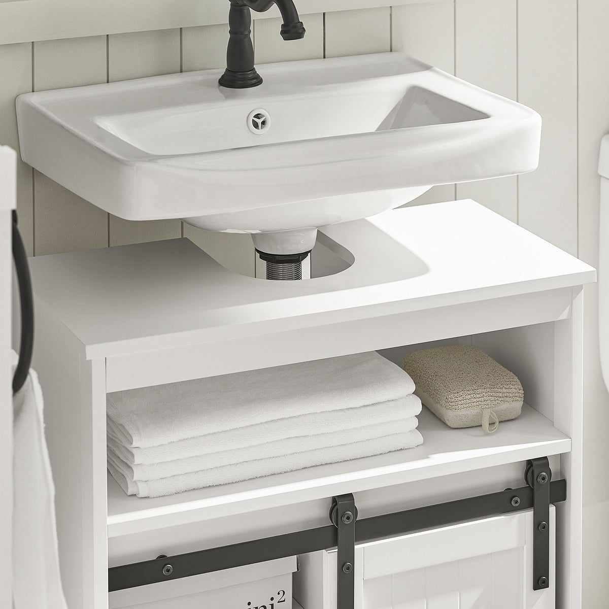 SoBuy BZR61-W Meuble sous Lavabo, Meuble de Salle de Bain, Placard de Rangement, Armoire Salle de Bain et Porte de Grange