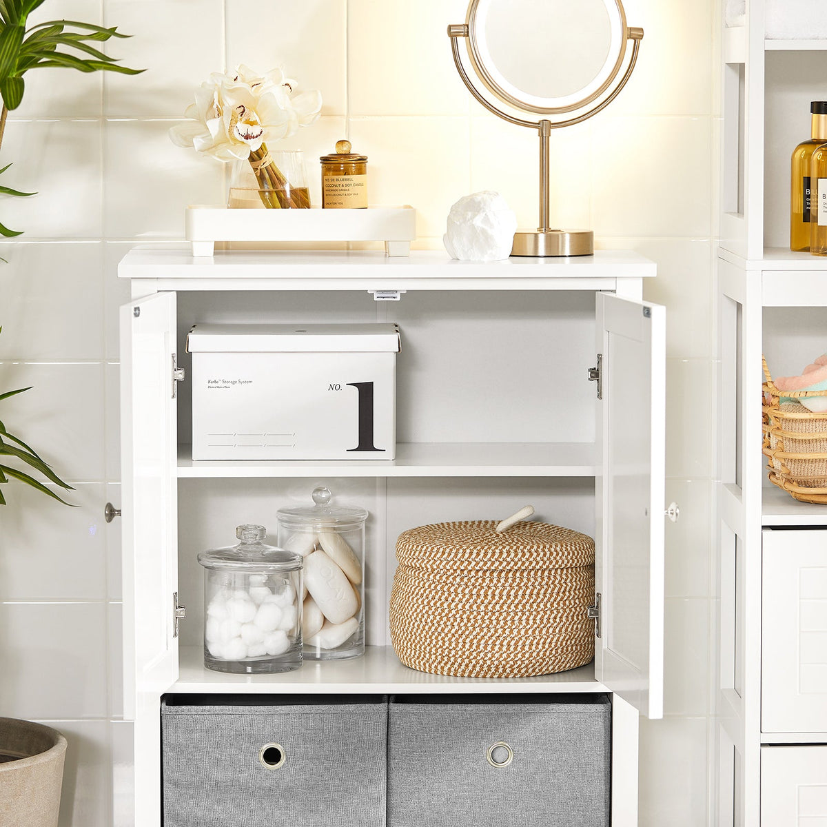 SoBuy BZR64-W Meuble Armoire Meuble Bas Salle de Bains Placard de Rangement, Commode avec 2 Portes et 2 Paniers Amovibles