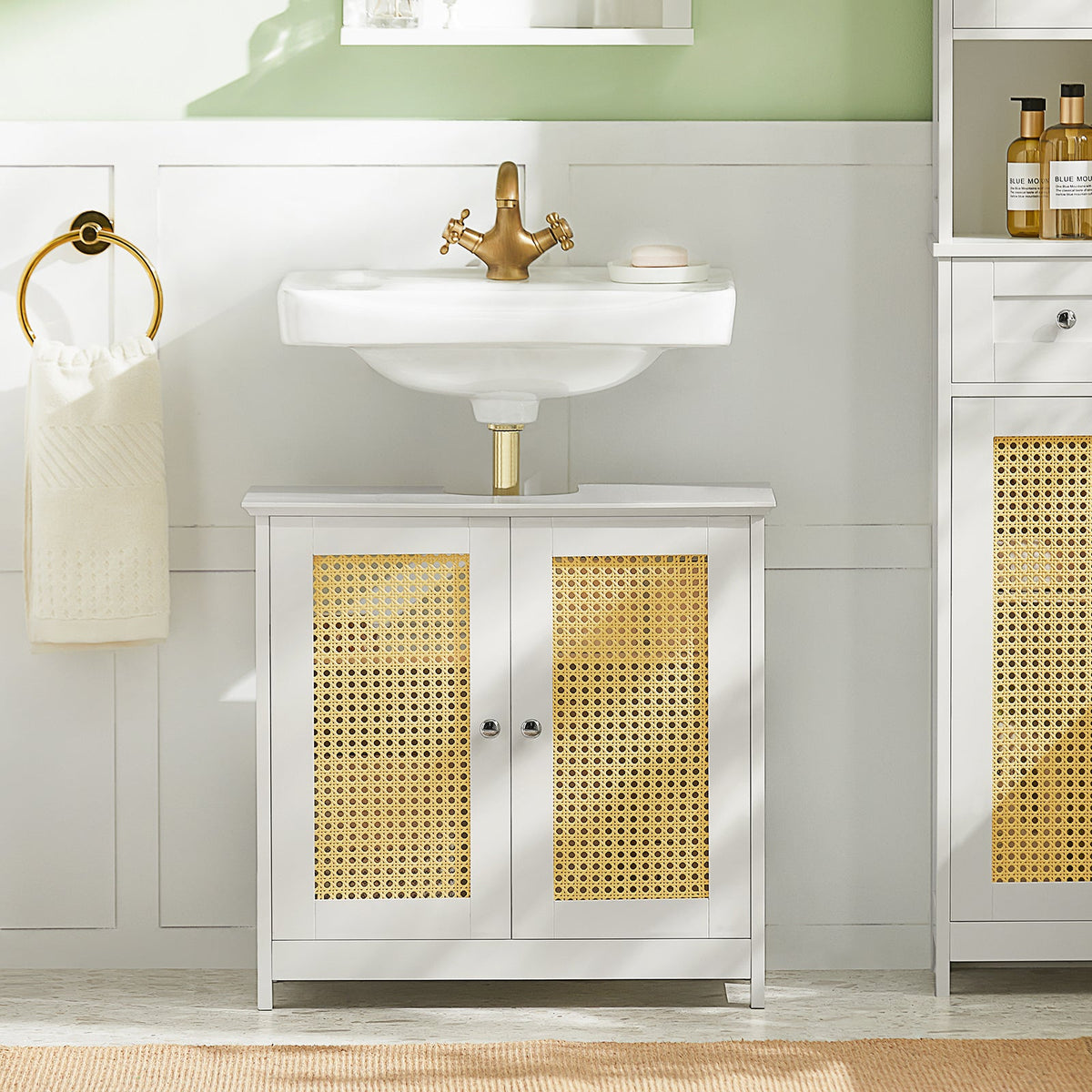 SoBuy BZR72-W Meuble sous-Lavabo, Meuble sous-Vasque à 2 étages réglable et 2 Portes en Ploy Rotin, Placard de Rangement
